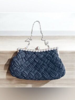 Elegant Black Basket Weave Handbag Clutch Silver Chrome Rhinestone Rosettes